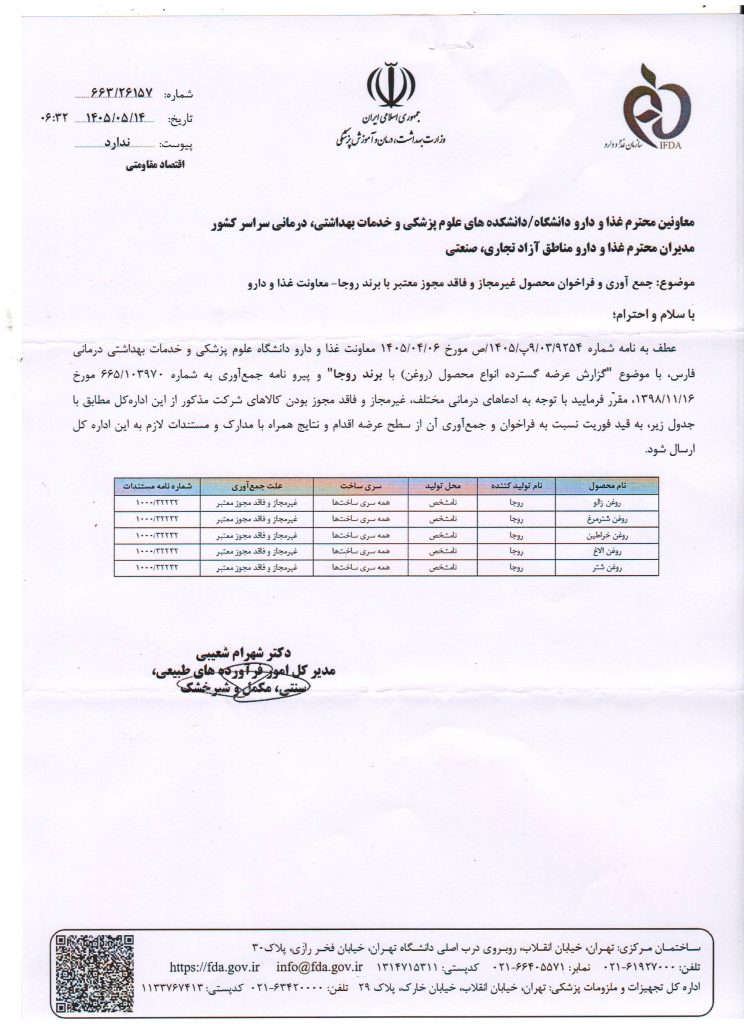 موضوع: اطلاعیه فوری؛ جمعآوری و ممنوعیت عرضه محصولات برند «روجا» موضوع: اطلاعیه فوری؛ جمعآوری و ممنوعیت عرضه محصولات برند «روجا»