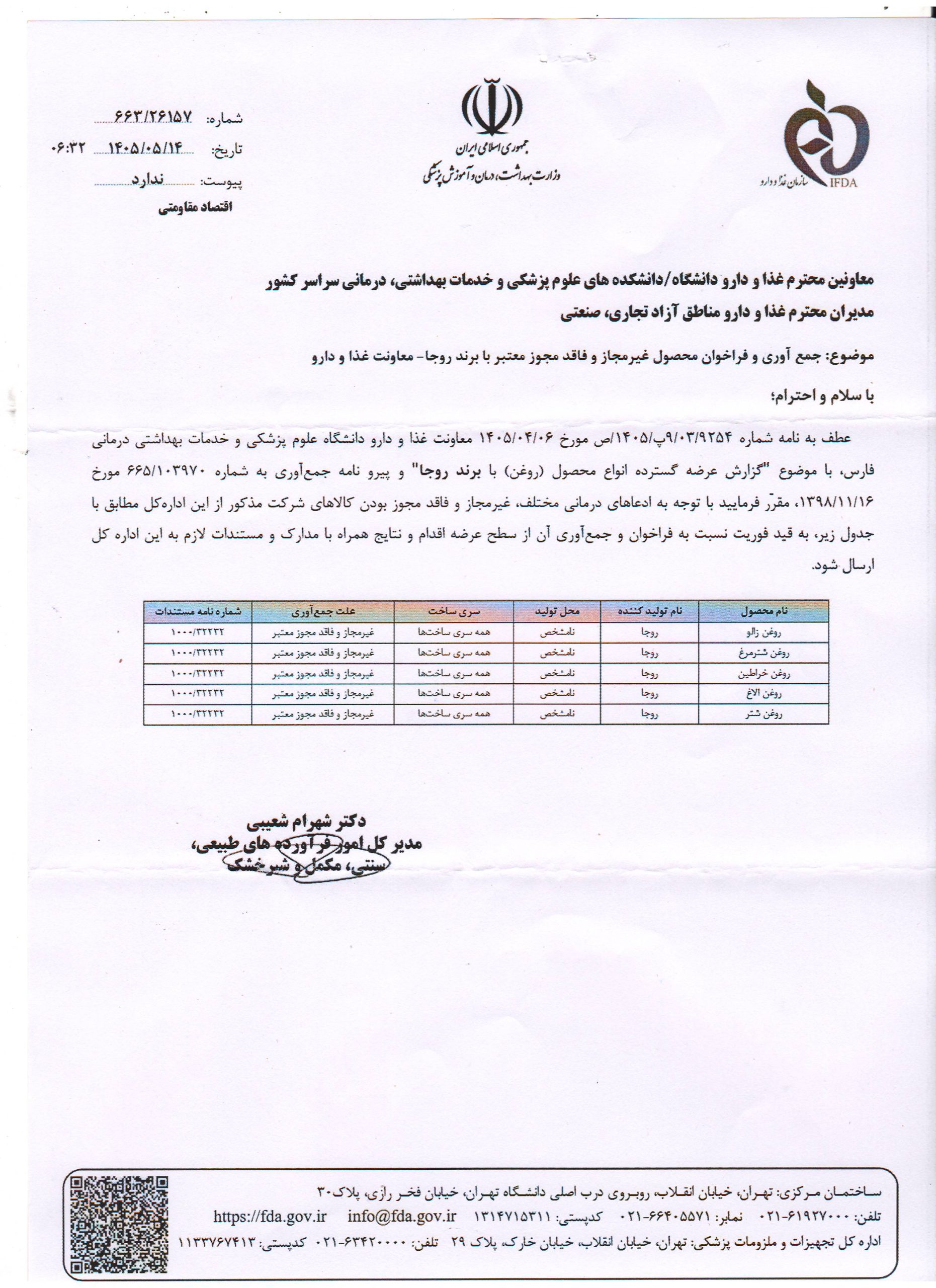 موضوع: اطلاعیه فوری؛ جمع‌آوری و ممنوعیت عرضه محصولات برند «روجا»